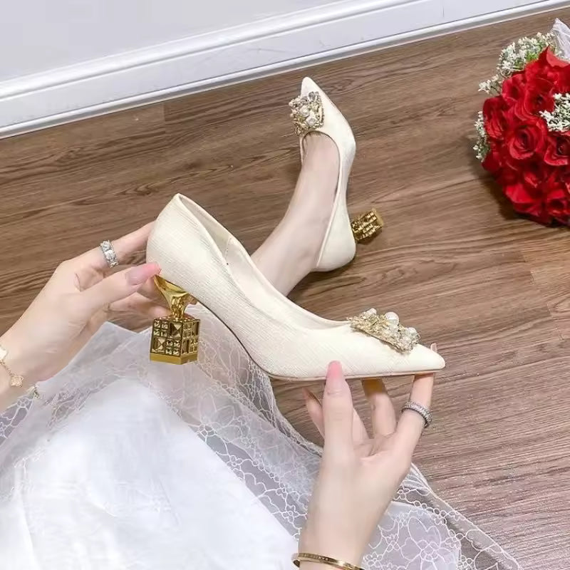 Elegant Square Pointed Toe Block Heel Chunky High Heels Pumps
