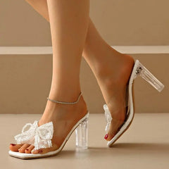 Elegant Square Toe Lace Beaded Pearl Bowtie Sandals