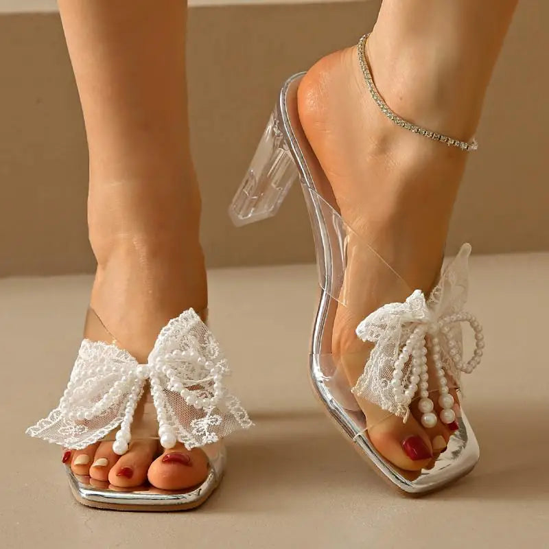 Elegant Square Toe Lace Beaded Pearl Bowtie Sandals