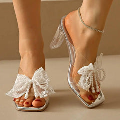 Elegant Square Toe Lace Beaded Pearl Bowtie Sandals