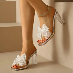 Elegant Square Toe Lace Beaded Pearl Bowtie Sandals