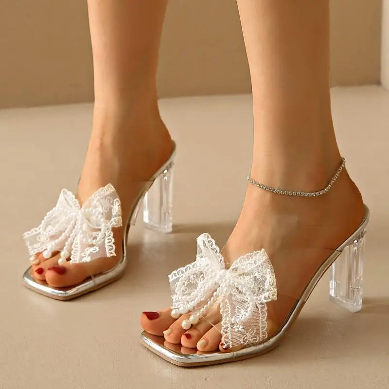 Elegant Square Toe Lace Beaded Pearl Bowtie Sandals