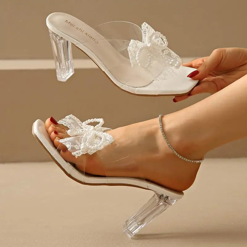 Elegant Square Toe Lace Beaded Pearl Bowtie Sandals