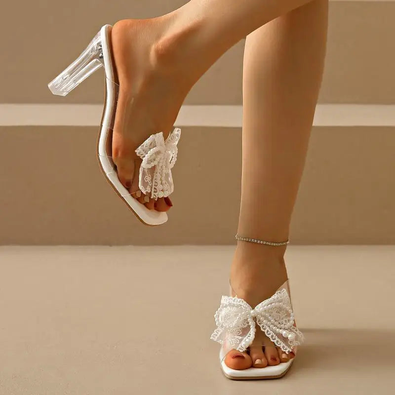 Elegant Square Toe Lace Beaded Pearl Bowtie Sandals