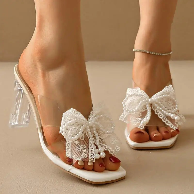 Elegant Square Toe Lace Beaded Pearl Bowtie Sandals