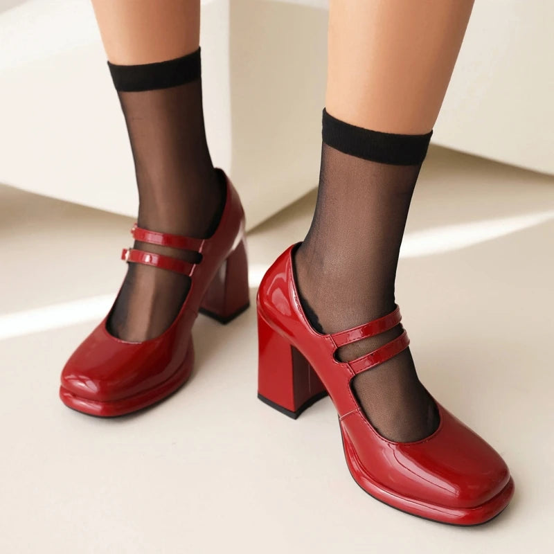 Elegant Strap Pumps Patent Leather Shallow High Heels