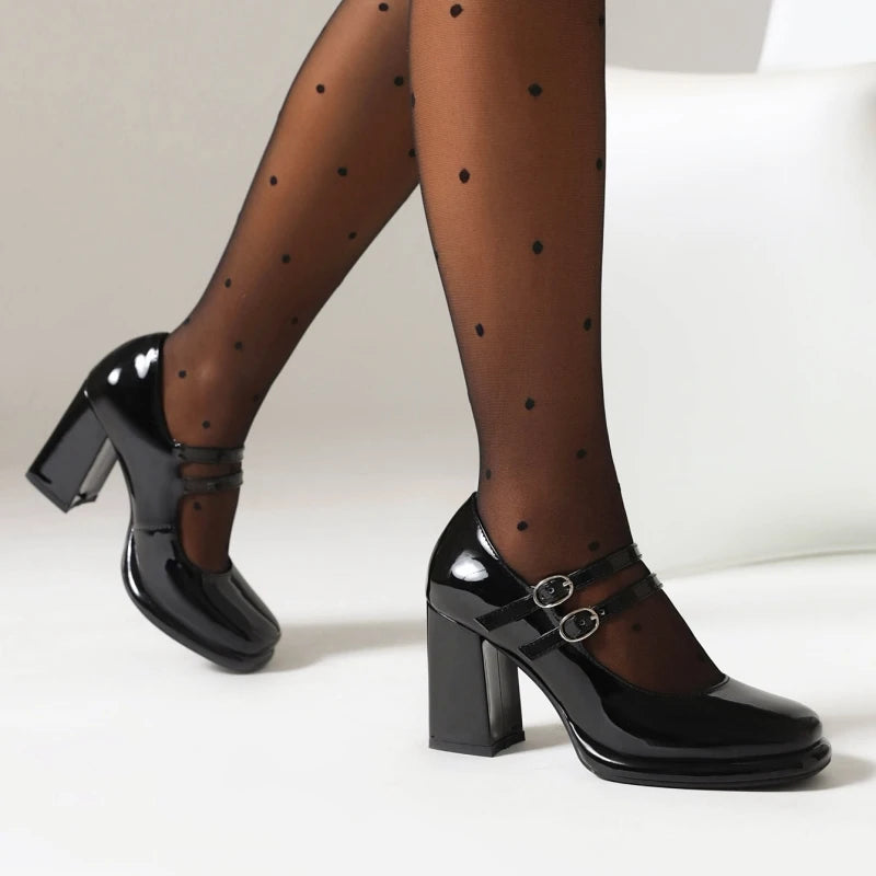 Elegant Strap Pumps Patent Leather Shallow High Heels