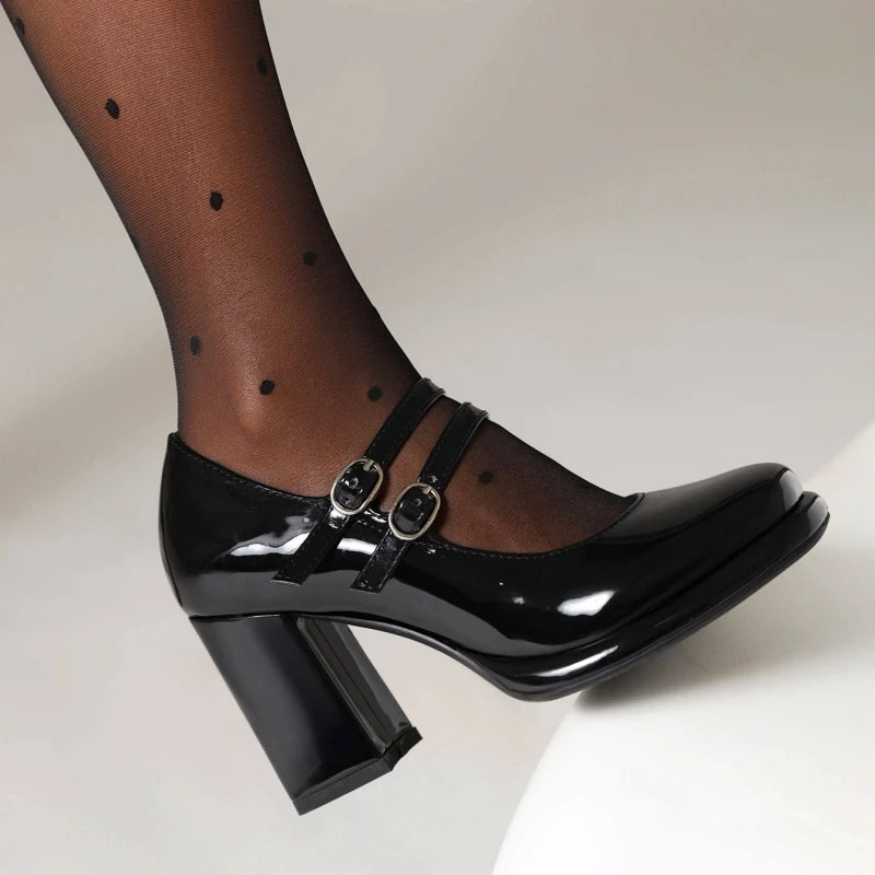 Elegant Strap Pumps Patent Leather Shallow High Heels