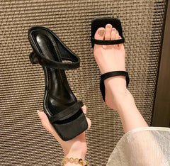 Classic Street Style Leopard Open Toe Slide Thick Square Heel Sandals