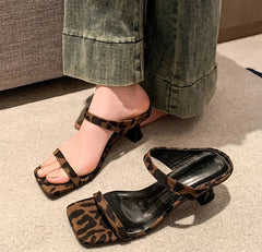 Elegant Street Style Leopard Open Toe Slide Thick Square Heel Sandals