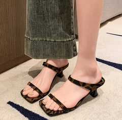 Elegant Street Style Leopard Open Toe Slide Thick Square Heel Sandals