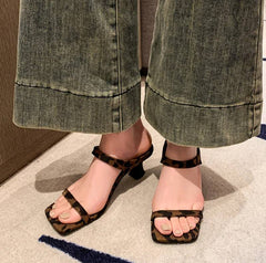 Elegant Street Style Leopard Open Toe Slide Thick Square Heel Sandals