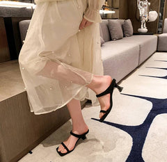 Classic Street Style Leopard Open Toe Slide Thick Square Heel Sandals