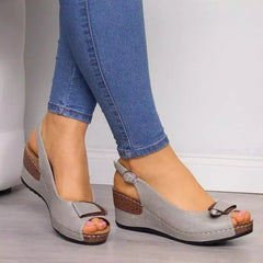 Elegant Buckle Strap Street Style Sewing Peep Toe Platform Wedges Heels Sandals