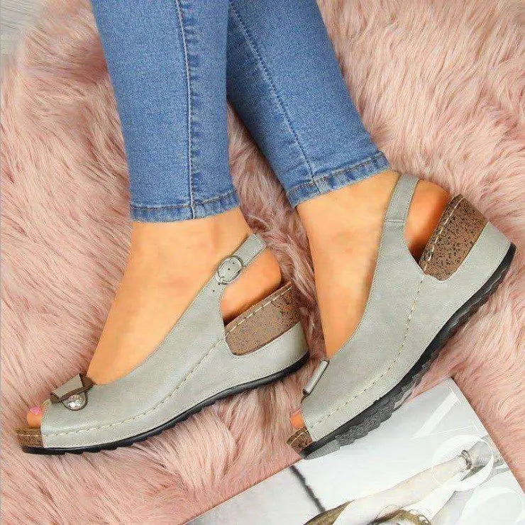 Elegant Buckle Strap Street Style Sewing Peep Toe Platform Wedges Heels Sandals