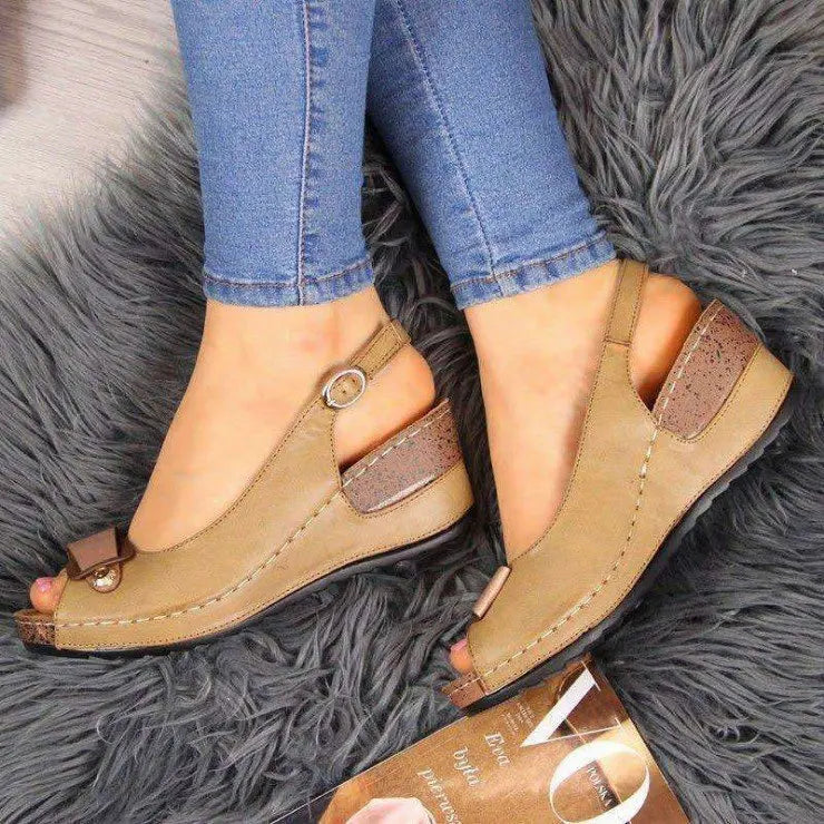 Elegant Buckle Strap Street Style Sewing Peep Toe Platform Wedges Heels Sandals