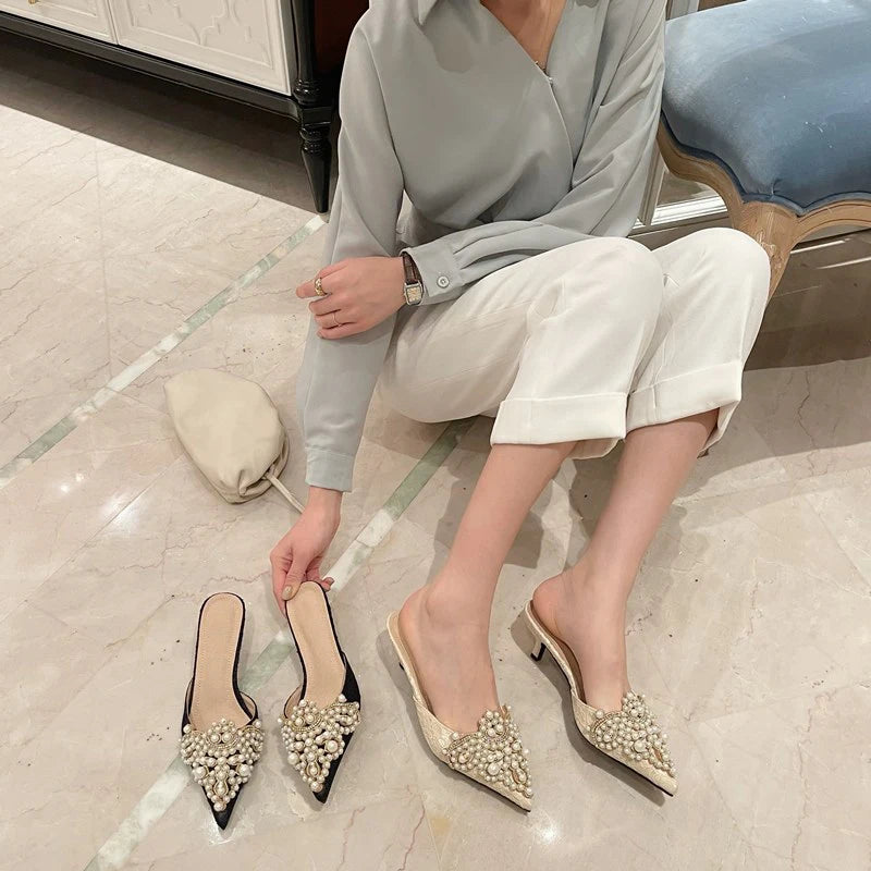 Elegant String Bead Crystal Patchwork Slip On Thin Heels Sandals