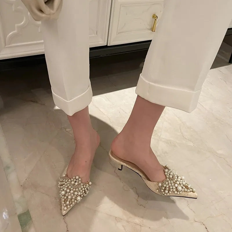 Elegant String Bead Crystal Patchwork Slip On Thin Heels Sandals