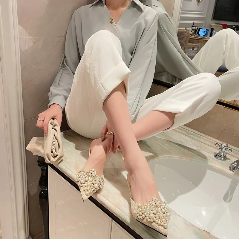 Elegant String Bead Crystal Patchwork Slip On Thin Heels Sandals