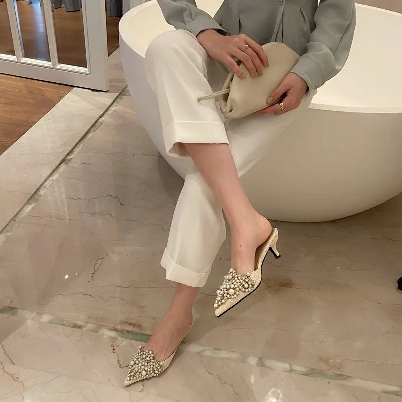 Elegant String Bead Crystal Patchwork Slip On Thin Heels Sandals