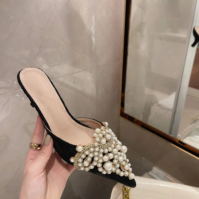 Elegant String Bead Crystal Patchwork Slip On Thin Heels Sandals