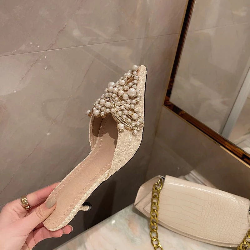 Elegant String Bead Crystal Patchwork Slip On Thin Heels Sandals