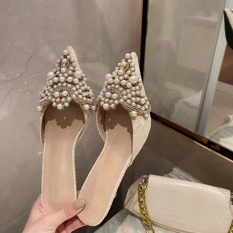 Elegant String Bead Crystal Patchwork Slip On Thin Heels Sandals