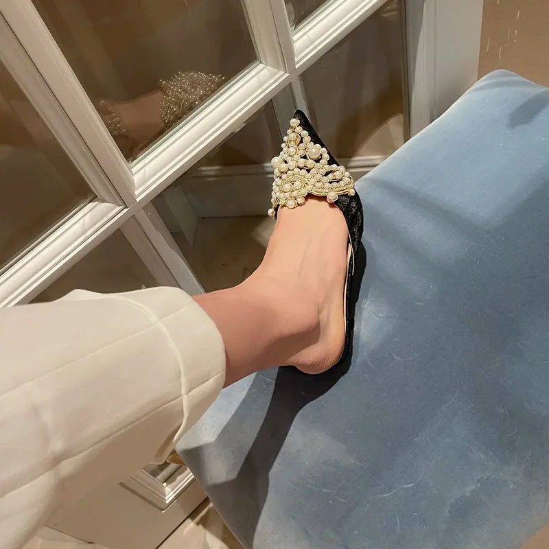 Elegant String Bead Crystal Patchwork Slip On Thin Heels Sandals