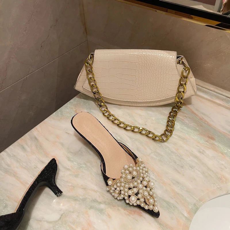 Elegant String Bead Crystal Patchwork Slip On Thin Heels Sandals