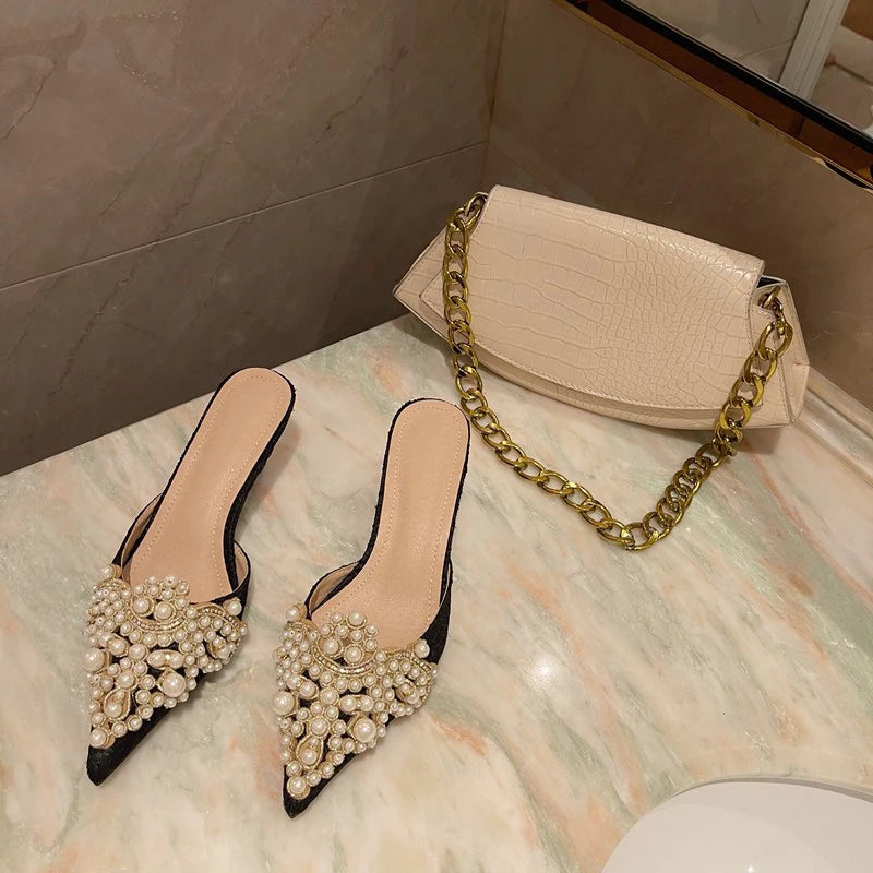 Elegant String Bead Crystal Patchwork Slip On Thin Heels Sandals
