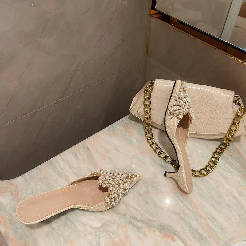 Elegant String Bead Crystal Patchwork Slip On Thin Heels Sandals