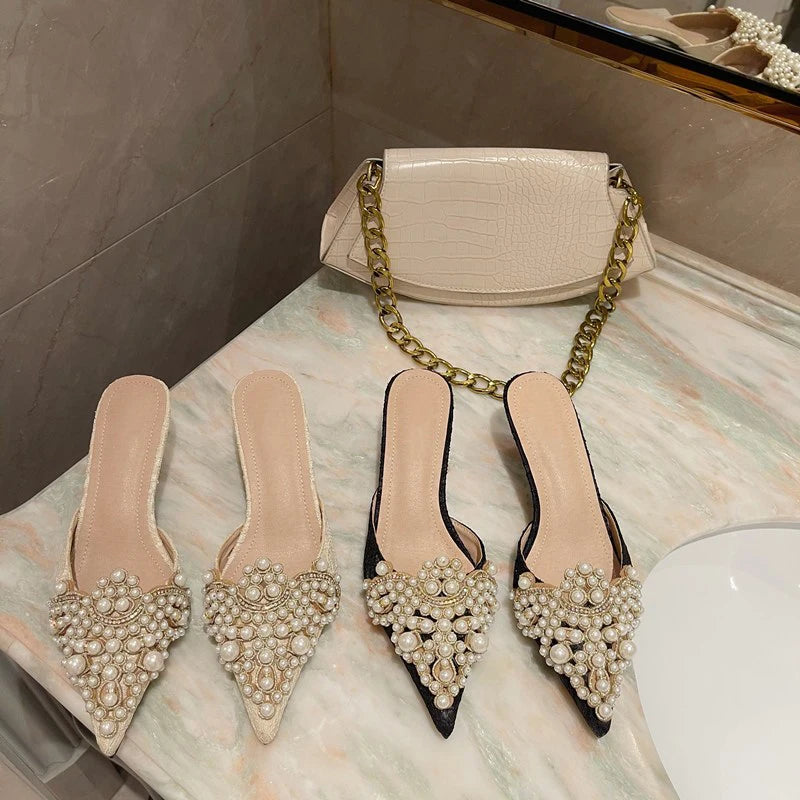 Elegant String Bead Crystal Patchwork Slip On Thin Heels Sandals