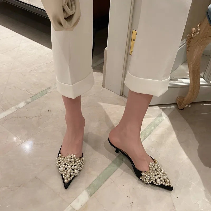 Elegant String Bead Crystal Patchwork Slip On Thin Heels Sandals