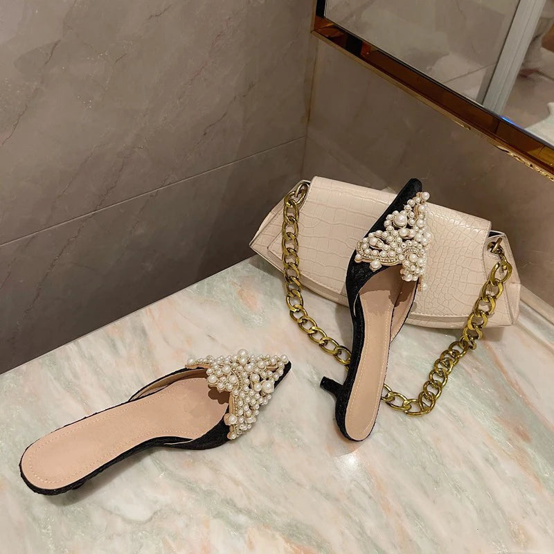 Elegant String Bead Crystal Patchwork Slip On Thin Heels Sandals