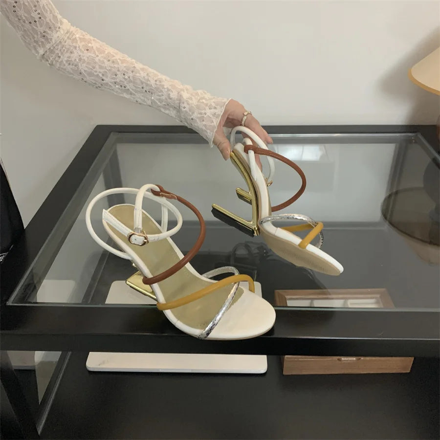 Elegant Stylish Cross Striped Color Blocked Strange High-Heeled Sandals