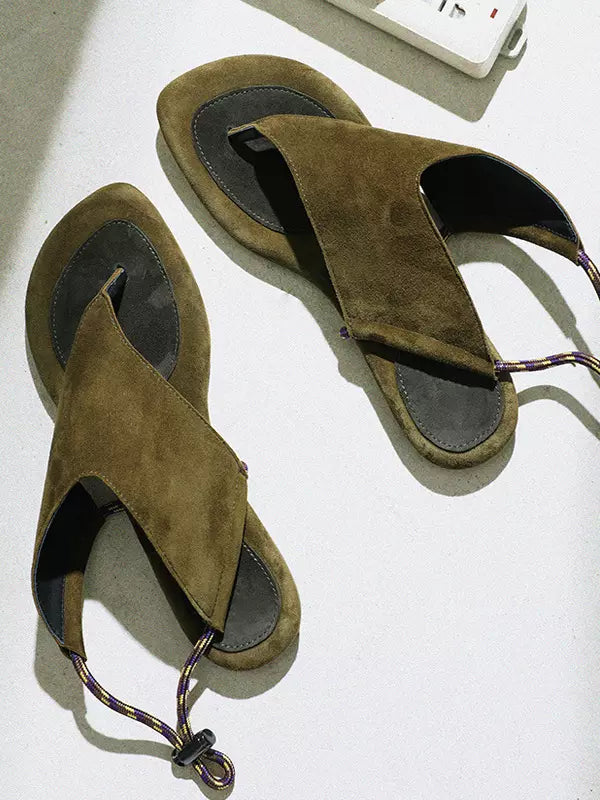 Elegant Suede Flat Lace Up Sandal Kid Skin Flat Flip Flops