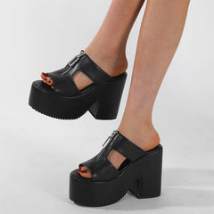 Elegant Thick Bottom Platform Wedges Metal Zipper Open Toe High Heels Slide Sandals