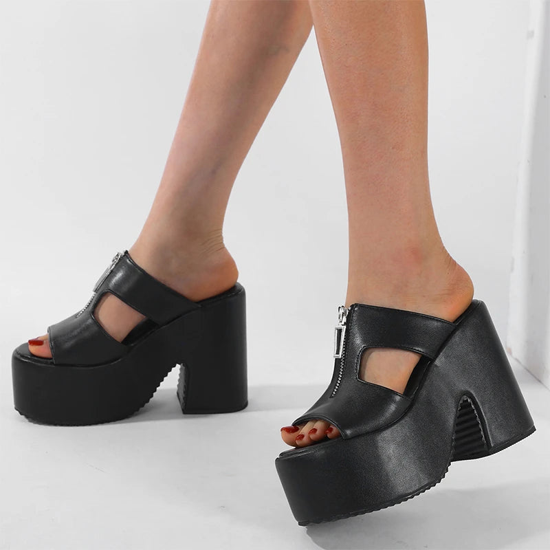 Elegant Thick Bottom Platform Wedges Metal Zipper Open Toe High Heels Slide Sandals
