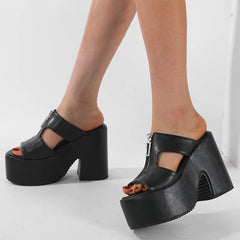 Elegant Thick Bottom Platform Wedges Metal Zipper Open Toe High Heels Slide Sandals