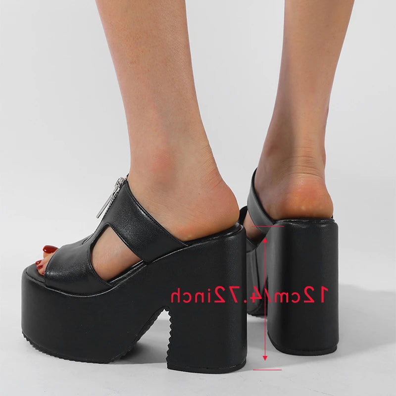 Elegant Thick Bottom Platform Wedges Metal Zipper Open Toe High Heels Slide Sandals