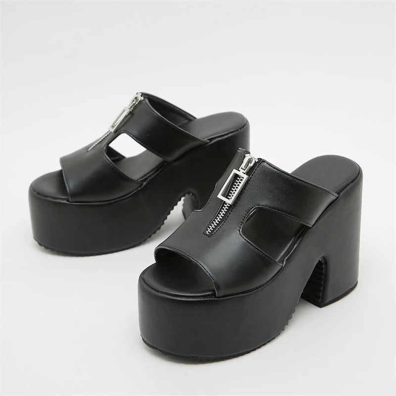 Elegant Thick Bottom Platform Wedges Metal Zipper Open Toe High Heels Slide Sandals