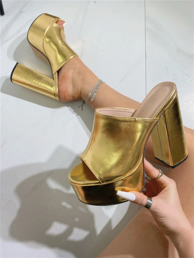 Elegant Thick Bottom Square Toe Platform Chunky High Heels Sandals