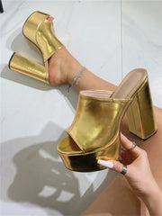 Elegant Thick Bottom Square Toe Platform Chunky High Heels Sandals