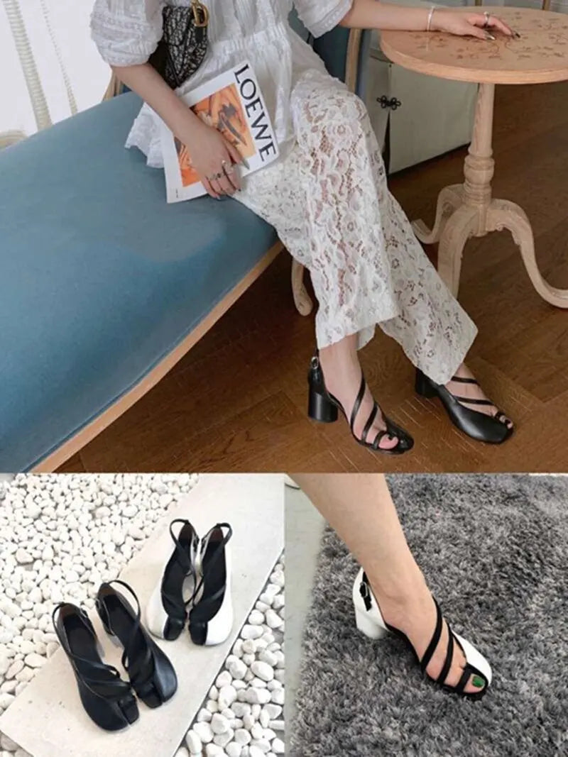 Elegant Cross-Strap Toe Ankle Strap Split Toe High Round Heel Sandals