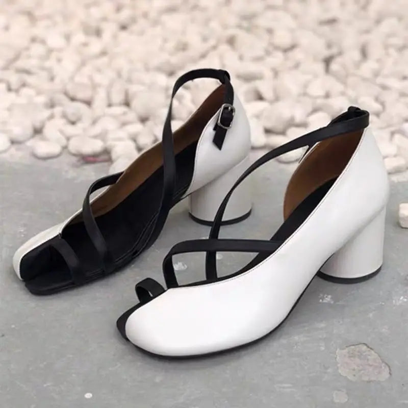 Elegant Cross-Strap Toe Ankle Strap Split Toe High Round Heel Sandals