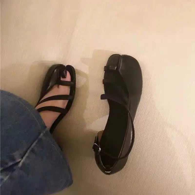 Elegant Cross-Strap Toe Ankle Strap Split Toe High Round Heel Sandals