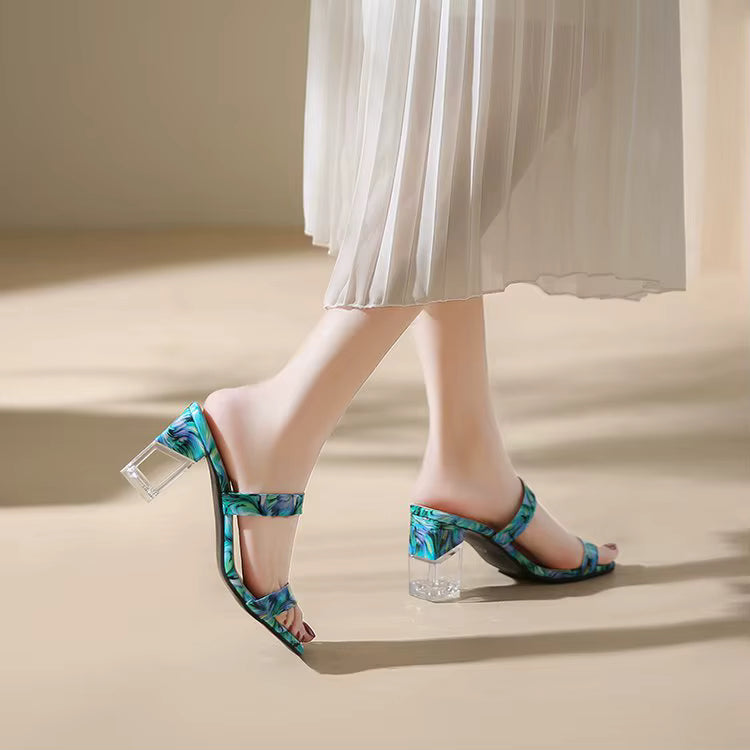 Elegant Transparent Crystal Pull On Print Large Square High Heels