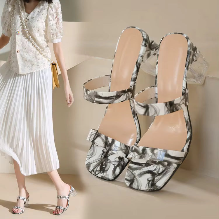 Elegant Transparent Crystal Pull On Print Large Square High Heels