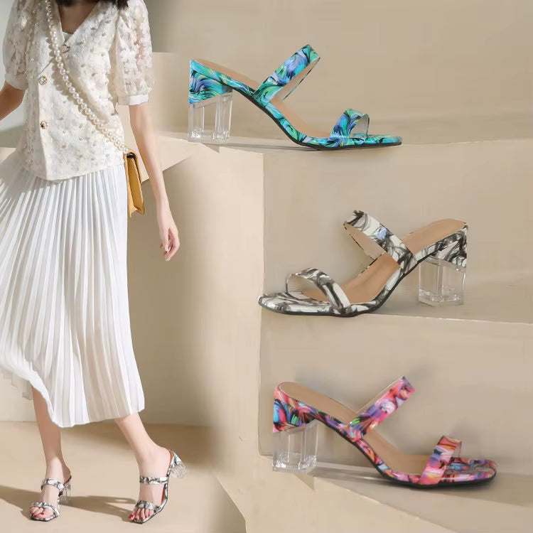Elegant Transparent Crystal Pull On Print Large Square High Heels
