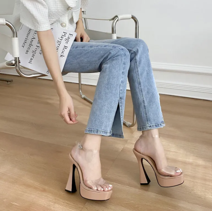Elegant Transparent PVC Ankle Strap Open Toe Platform High Heels Sandals